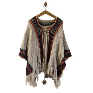 Lucky Brand Womens Wool Blend Boho Poncho Cape Sweater Ivory One Size